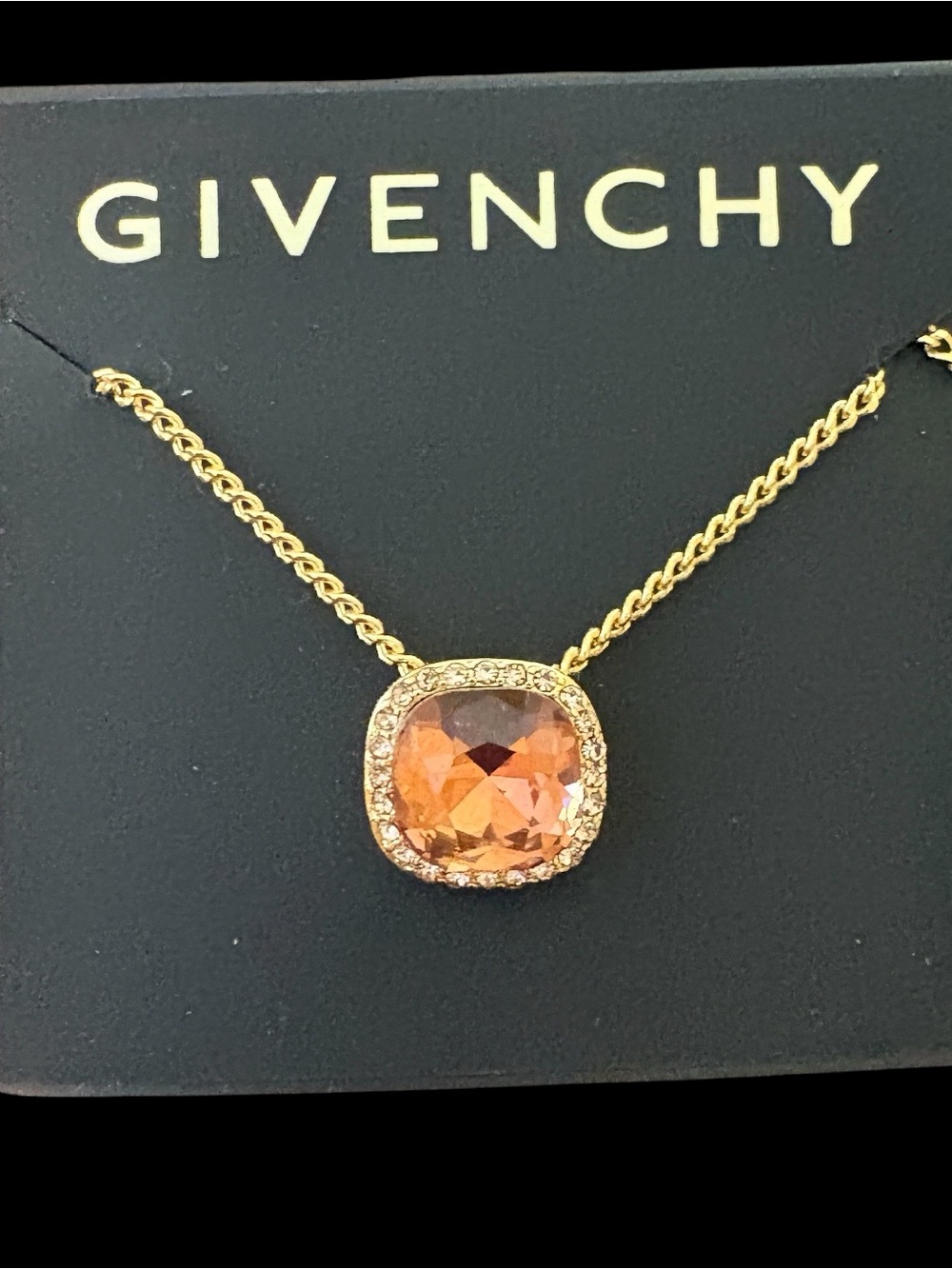 Givenchy Brown Cushion Crystal Halo Pendant Gold Tone Necklace NWT